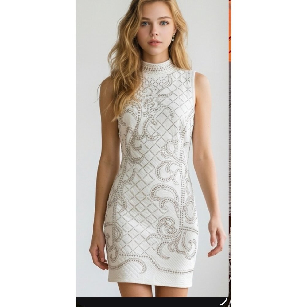 Bebe Ivory Rhinestone Studded Bodycon Mini Dress Sleeveless Fitted Women’s Size